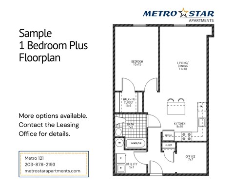 Floor plan for 1 bed, 1 bath, 786 sqft